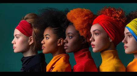 Group of young women with afro hairstyle and colorful makeup.の素材