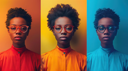 Portrait of beautiful afro american women in bright clothes and glasses on colorful backgroundの素材