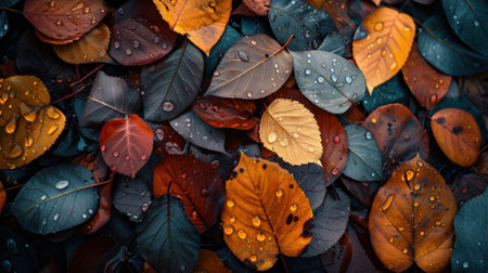 Autumn leaves with water drops on them. Colorful autumn leaves backgroundの素材