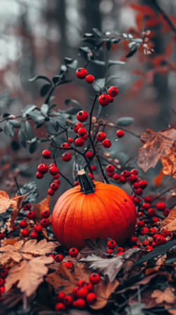 Autumn still life with pumpkins and red berries in the forestの素材