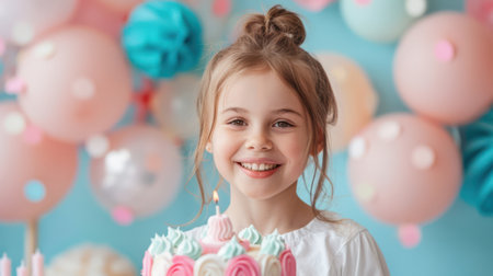 Cute little girl with birthday cake and balloons on blue background.の素材