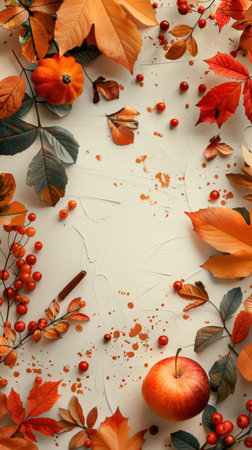 Autumn composition. Frame made of autumn leaves, pumpkins and berries on white background. Flat lay, top view, copy spaceの素材