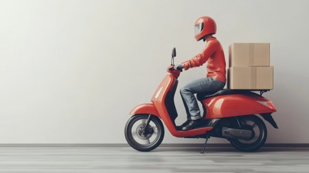 Delivery man on red scooter with boxes on the wall background.の素材
