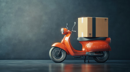 Delivery scooter with cardboard box on dark background. 3d renderingの素材