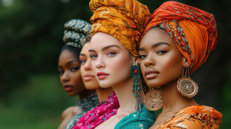 Portrait of three beautiful multiethnic women in traditional turbanの素材