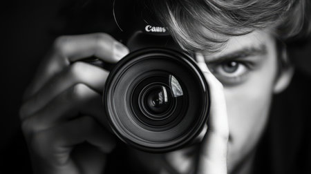 Portrait of a photographer with a camera. Black and white.の素材