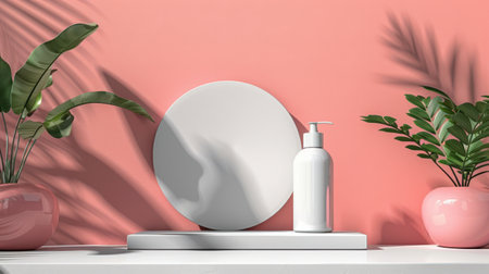 3d rendering of cosmetic product on white shelf with pink wall backgroundの素材