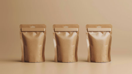 3D Rendering of three brown paper bags on a beige backgroundの素材