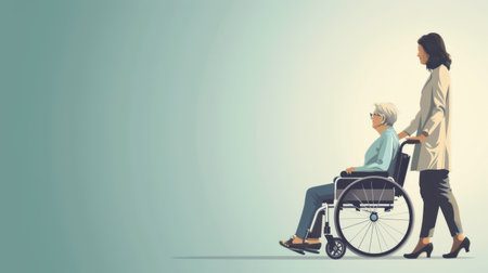 Elderly woman in a wheelchair with her caregiver. Vector illustration.の素材