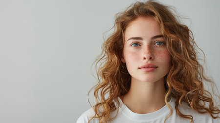 Portrait of beautiful young woman with freckles on her faceの素材