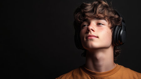 Portrait of a teenage boy listening to music with headphones on black backgroundの素材