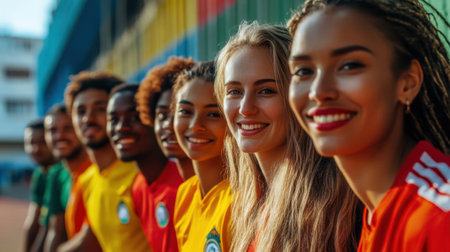 Group of smiling african american soccer fans looking at camera in stadiumの素材