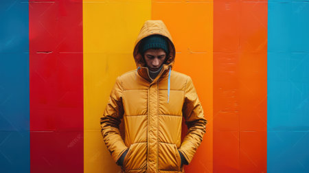 Young man in a yellow down jacket on the background of colored wallの素材