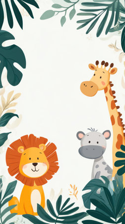 Cute cartoon giraffe, lion and hippopotamus with tropical leaves.の素材