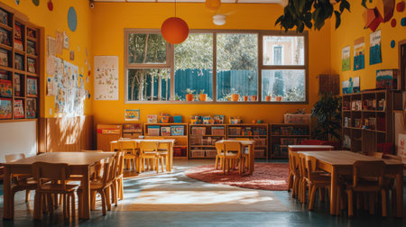 Interior of a childrens room in a school with wooden tables and chairsの素材