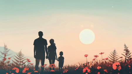 Silhouette of a happy family in the meadow at sunsetの素材