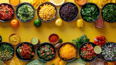 top view of bowls with different colorful mexican food on yellow backgroundの素材