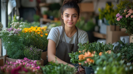 Portrait of young woman florist working in flower shop.の素材