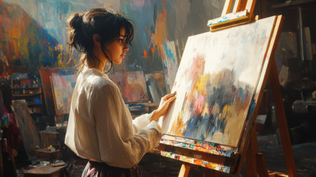 Female artist painting a picture in her studio. Portrait of a young woman artist.の素材
