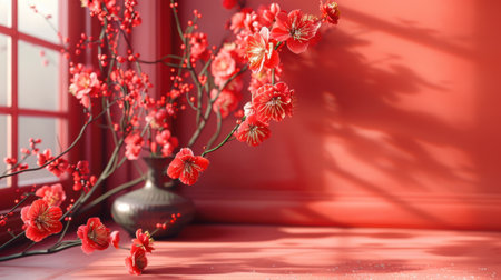Plum blossom in vase on red background with sunlight and shadowの素材