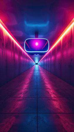 Futuristic corridor with neon lights, 3d render illustration.の素材