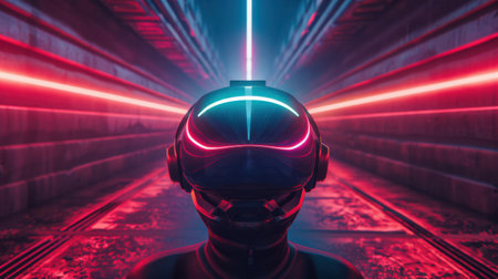 3d illustration of futuristic robot face with neon lights on background.の素材