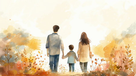 Back view of happy family walking in autumn park. Watercolor paintingの素材