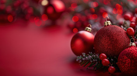 Christmas decoration on red background with bokeh and copy space.の素材