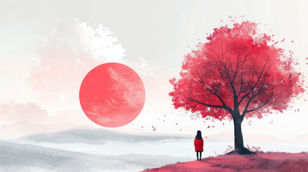 Red tree in winter landscape with woman in red dress, vector illustrationの素材