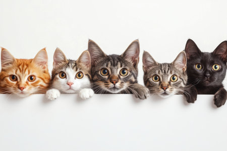 Group of kittens peeking out from behind a white board on a white backgroundの素材