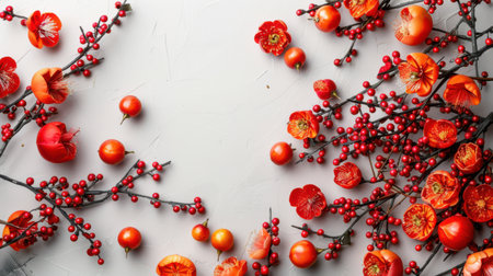 Flat lay composition with red berries and fruits on white textured backgroundの素材