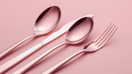 Spoon and fork on pink background. Minimalism style.の素材