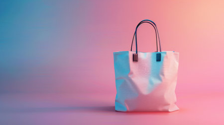 Shopping bag on pink and blue gradient background with copy space.の素材
