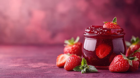 Strawberry jam in a glass jar and fresh strawberries on a purple background.の素材