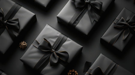 Black gift boxes with gold bow on black background. Top view.の素材