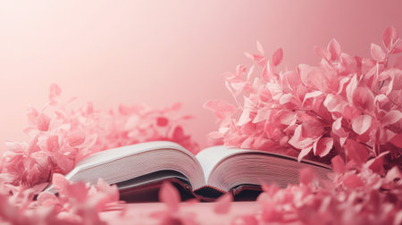 Pink hydrangea flowers and open book on pink background.の素材