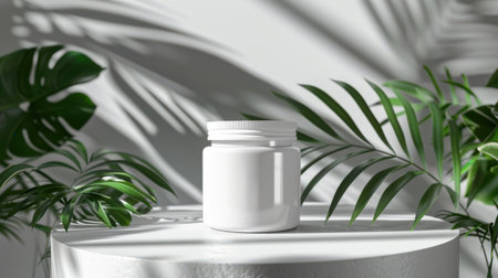 3d rendering white cosmetic jar on white podium with tropical palm leaves backgroundの素材
