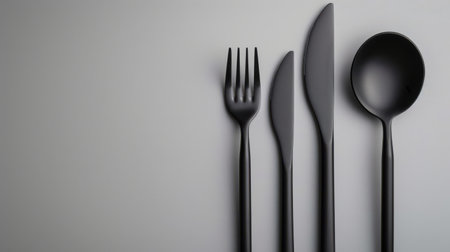 Black cutlery on a gray background. 3d rendering.の素材