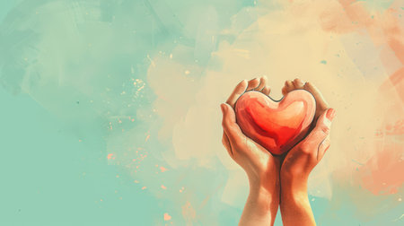 Hands holding a red heart on a colorful background with copy spaceの素材