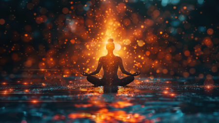 yoga man meditating in lotus pose on the water background. 3D illustrationの素材