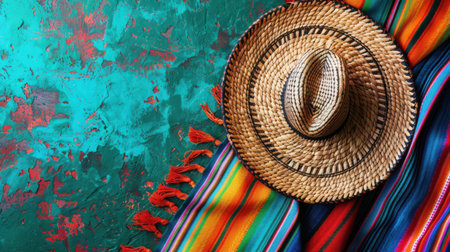 Mexican sombrero hat and colorful scarfs on color backgroundの素材