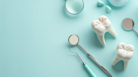 Dental tools on blue background. Top view with copy space.の素材