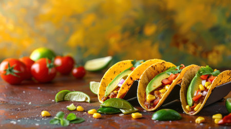 Mexican tacos with meat and vegetables on a brown background. Copy space.の素材