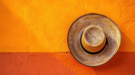 Top view of a straw hat on an orange wall background with copy spaceの素材