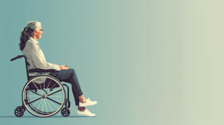 Full length of senior woman in wheelchair against blue vignette backgroundの素材
