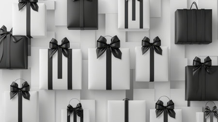 Black and white gift boxes with black bow on white background. 3d renderingの素材