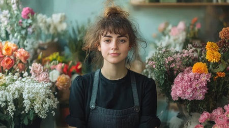 Portrait of a beautiful young woman florist in her flower shopの素材