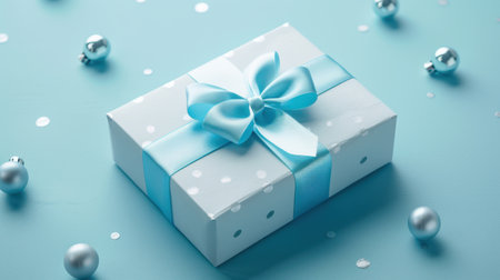 White gift box with blue bow on blue background. 3d renderingの素材