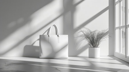3D rendering of a white bag and a plant in a white roomの素材
