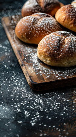 Freshly baked buns with sesame seeds on a dark backgroundの素材